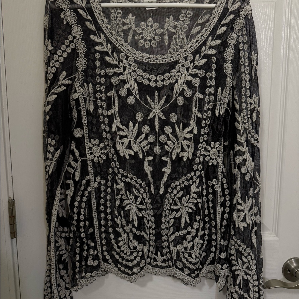 Black and White Embellished Blouse Swim Coverup